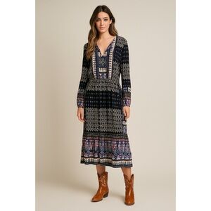 EUC Hale Bob Tassel Trim Geometric Pattern Boho V-neck Midi Dress  M​​​​